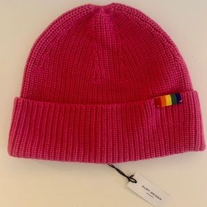 Kurt Geiger London Knit Beanie in Hot Pink with Rainbow Emblem (New with tags)